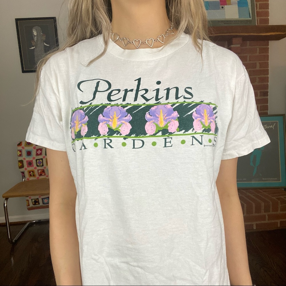 Vintage 1992 Perkins Garden Iris Floral Single Stitch Unisex Graphic Tee